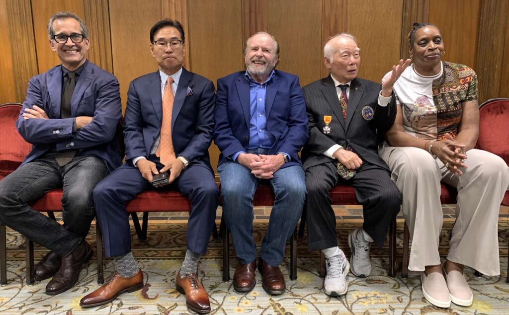 Left to right: John Vincent, Han Lee, Jim Wigginton, Hwa Chong, and Lynette Love. Taken on 12 October 2024 at the University of Michigan Taekwondo Club 60th Anniversary Reunion