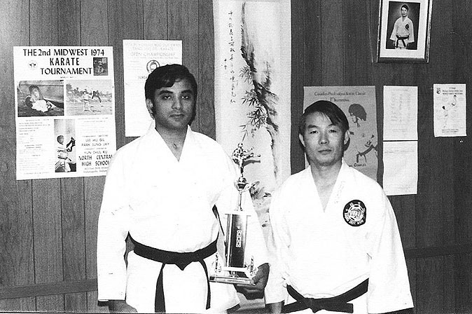 Master Saleem Jehangir with Grand Master Hwa Chong after winning a trophy in the 1974 Midwest Taekwondo Championships